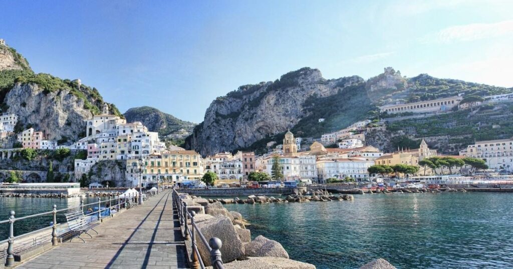 Amalfi harbour and waterfront viewed from the ferry dock