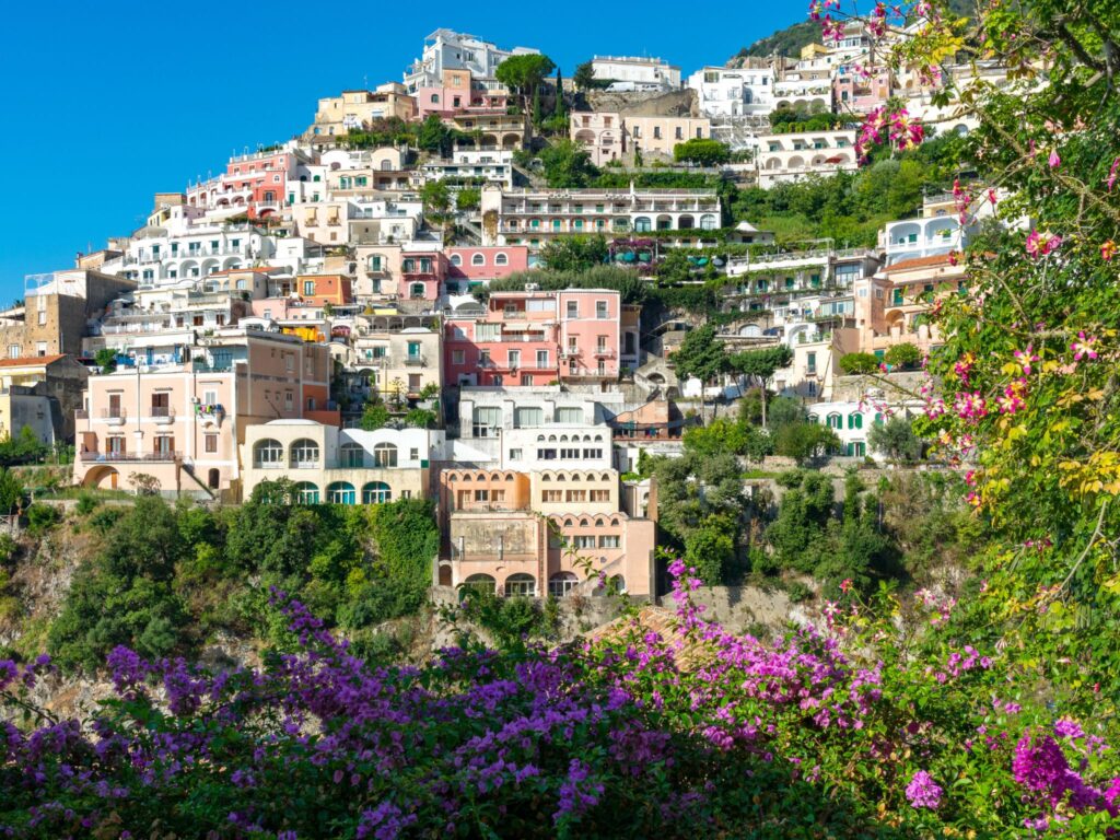 Upper Positano with colorful houses climbing the hillside