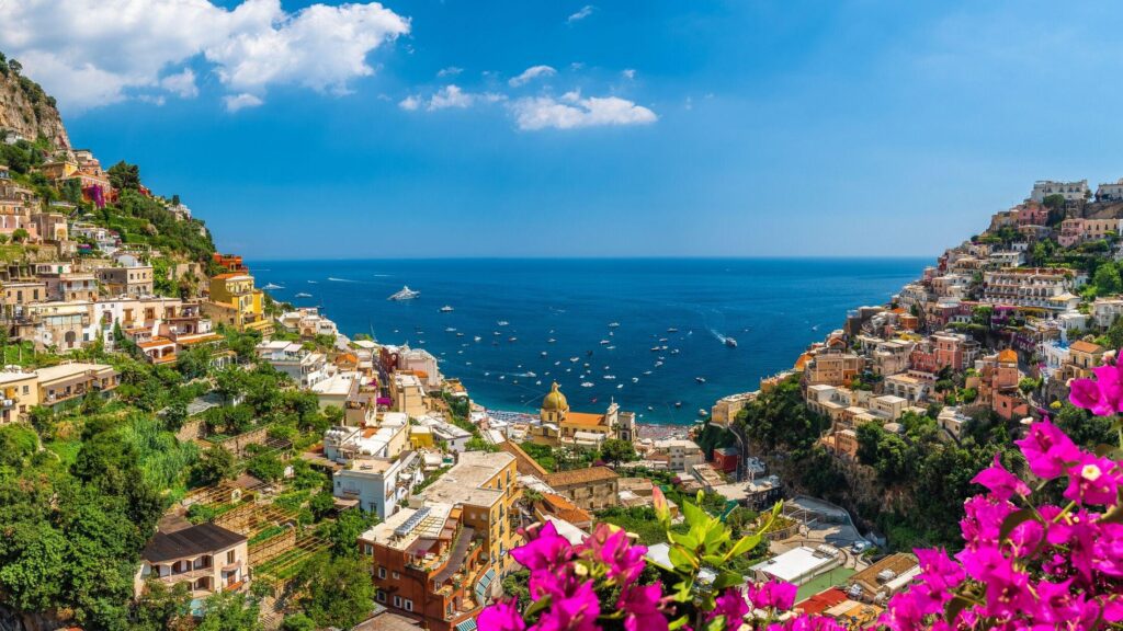 Positano village overlooking the Mediterranean Sea along the Amalfi Coast