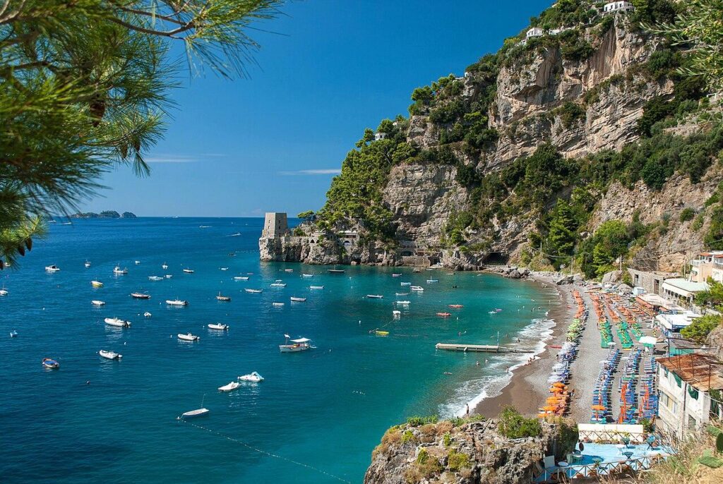 Fornillo Beach in Positano with turquoise water and coastal cliffs