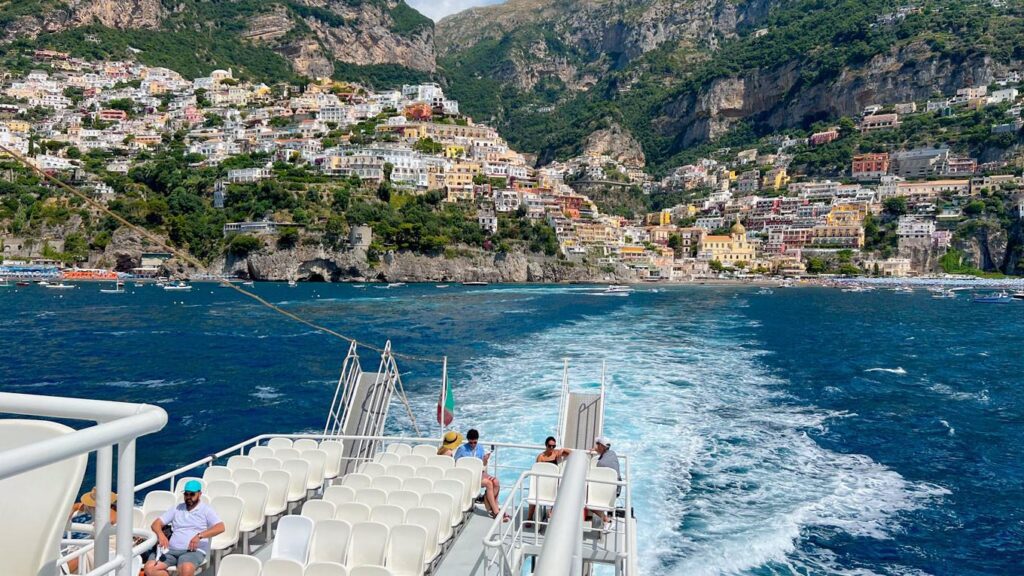 Ferry travelling along the Amalfi Coast between Amalfi and Positano